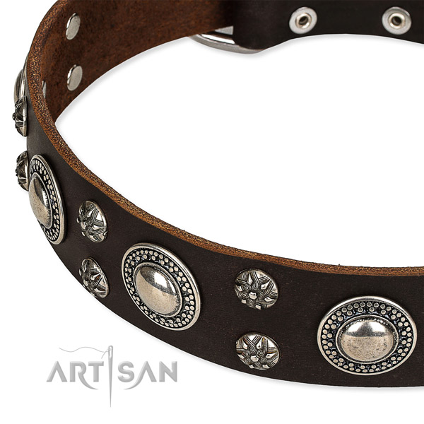 Adjustable leather dog collar with almost unbreakable durable buckle
