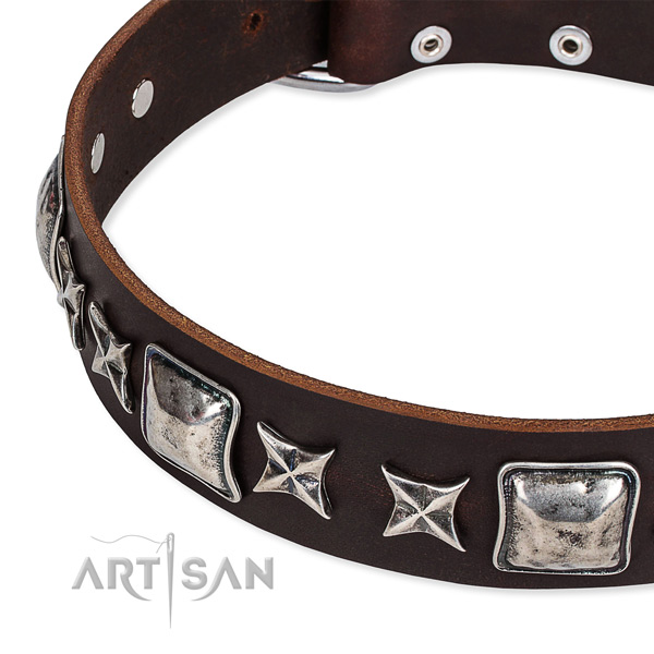 Natural genuine leather dog collar with embellishments for easy wearing