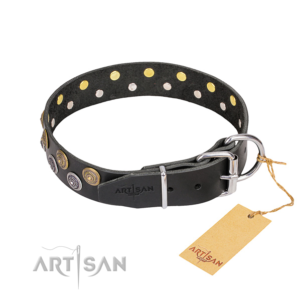 Handy use full grain natural leather collar with adornments for your pet