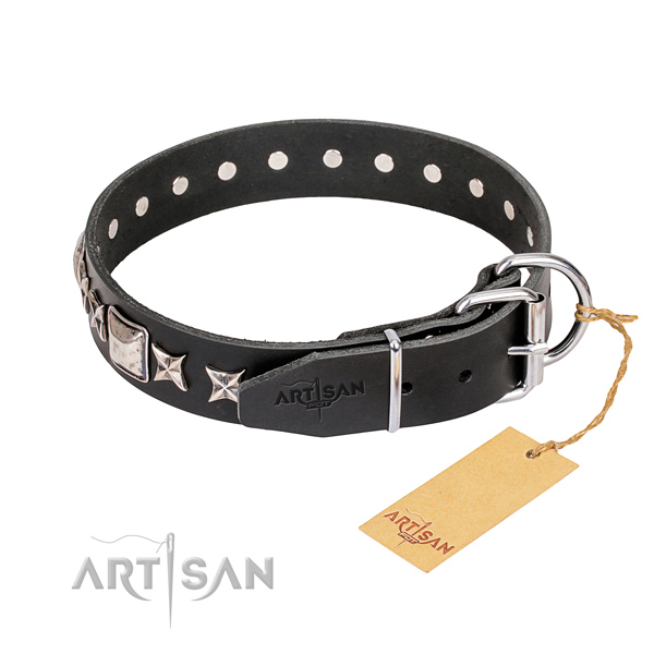 Daily walking full grain natural leather collar with decorations for your four-legged friend