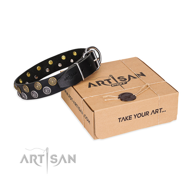 Full grain leather dog collar with embellishments for handy use