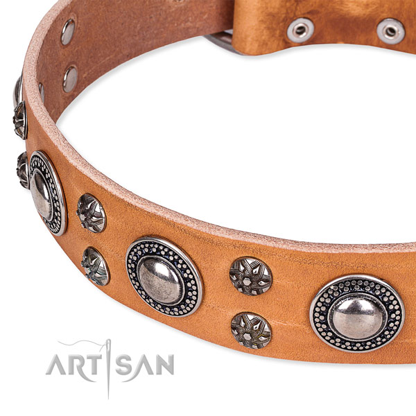 Handy use full grain natural leather collar with rust resistant buckle and D-ring