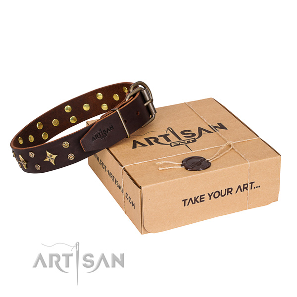 Embellished full grain leather dog collar for comfortable wearing