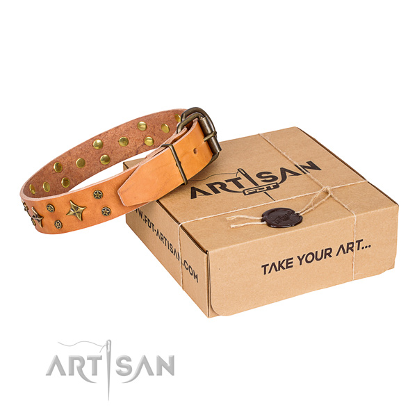 Decorated natural genuine leather dog collar for everyday use