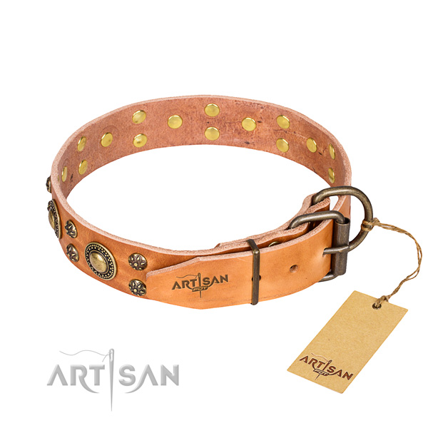 Stylish walking full grain genuine leather collar with decorations for your canine
