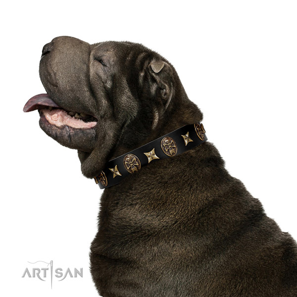 Handy use dog collar of genuine leather with remarkable decorations