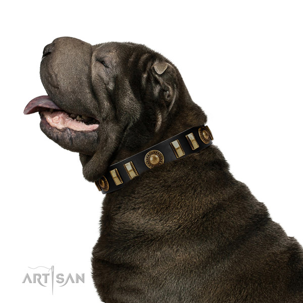 Soft to touch leather dog collar with corrosion resistant D-ring