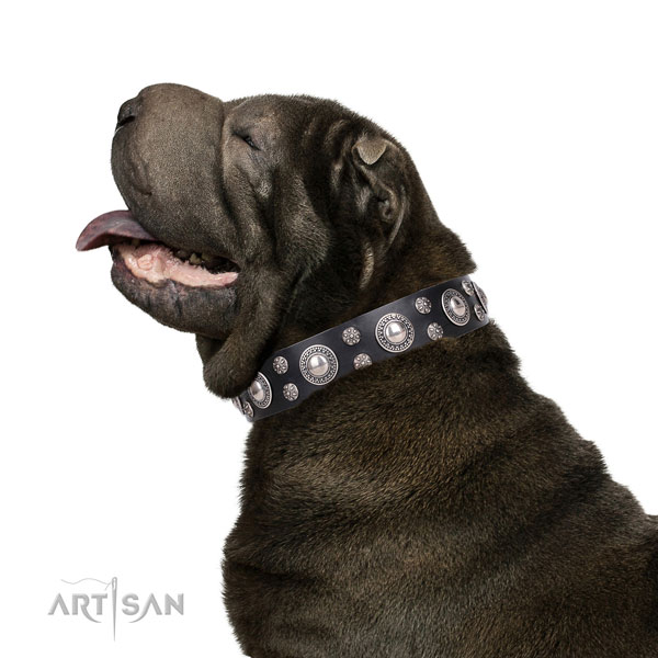 Sharpei full grain genuine leather collar with corrosion proof buckle for fancy walking