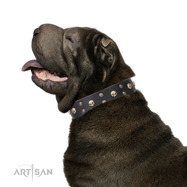 Sharpei natural genuine leather collar with rust resistant hardware for fancy walking