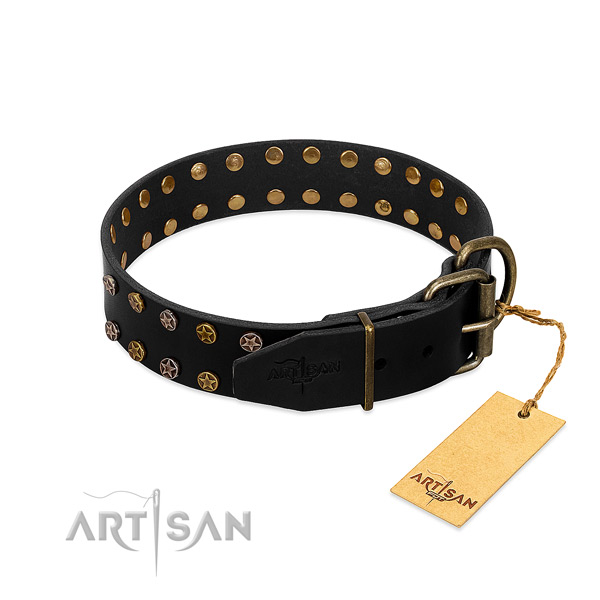 Full grain natural leather collar with stunning embellishments for your four-legged friend