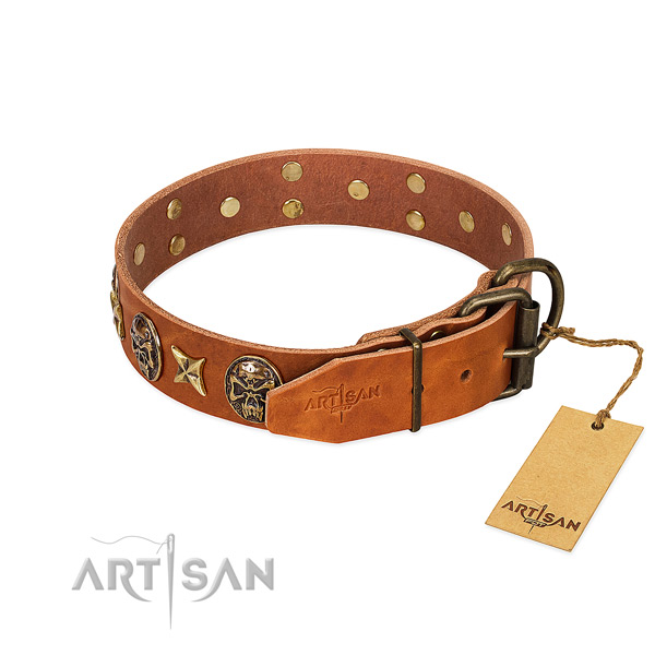 Genuine leather dog collar with rust-proof fittings and studs