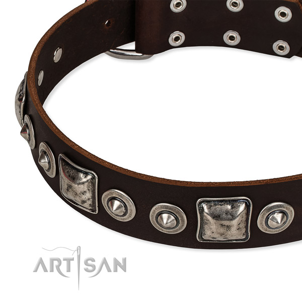Full grain leather dog collar made of gentle to touch material with embellishments