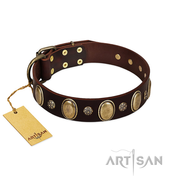 Comfy wearing top notch natural genuine leather dog collar with studs