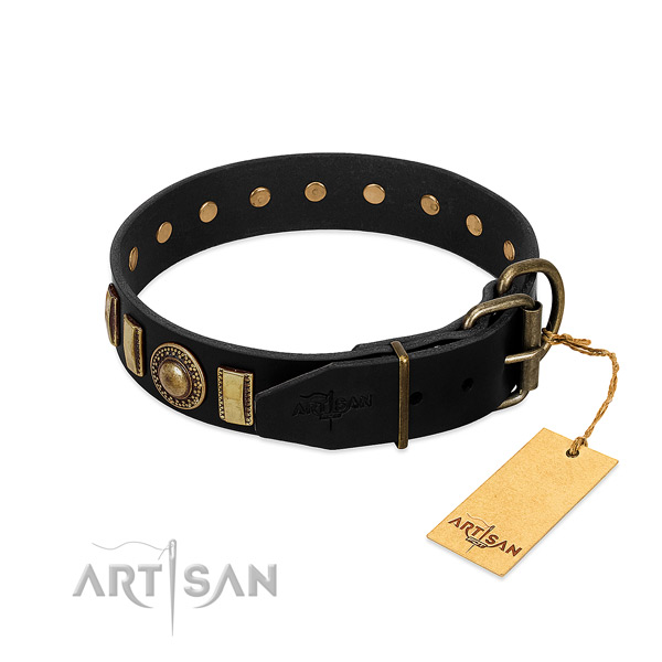 Strong natural leather dog collar with decorations