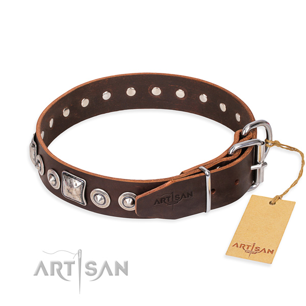 Full grain genuine leather dog collar made of top notch material with rust resistant decorations