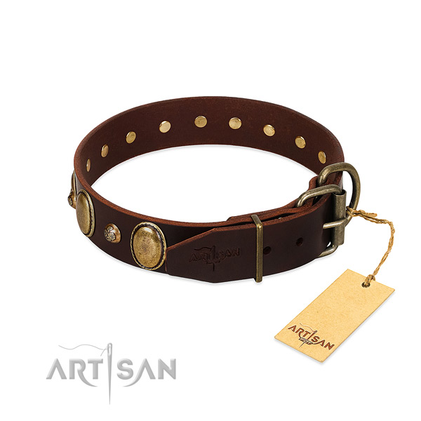 Strong hardware on natural genuine leather collar for fancy walking your doggie