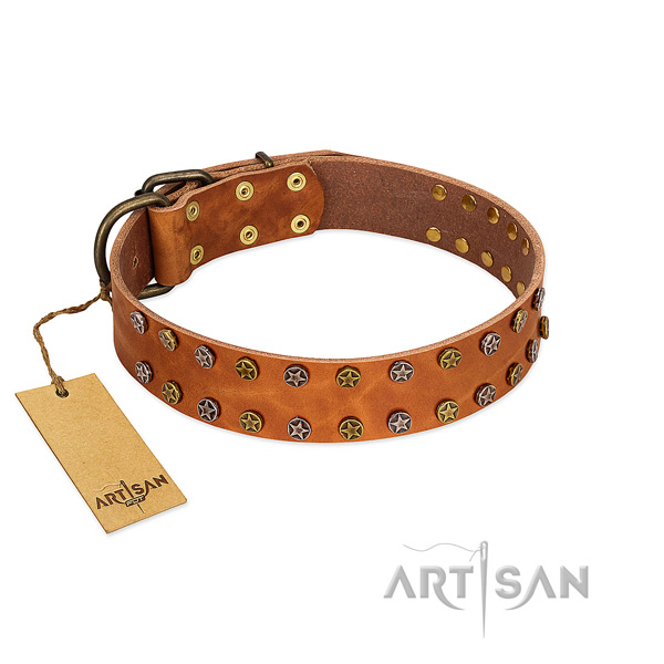Comfy wearing flexible full grain genuine leather dog collar with embellishments