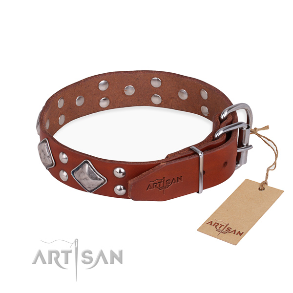 Full grain natural leather dog collar with stylish design corrosion resistant embellishments