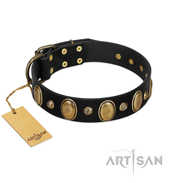 Natural leather dog collar of soft material with exquisite embellishments