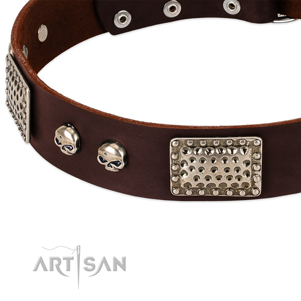 Rust-proof decorations on natural genuine leather dog collar for your canine