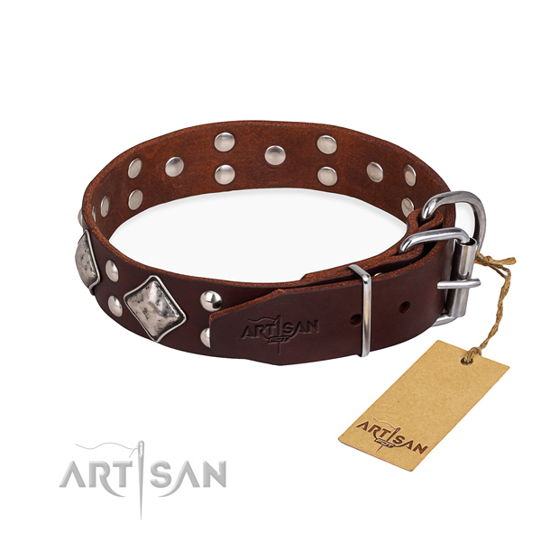 Full grain genuine leather dog collar with stylish corrosion resistant embellishments