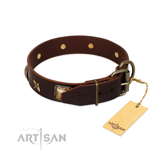 Full grain leather dog collar with durable D-ring and decorations