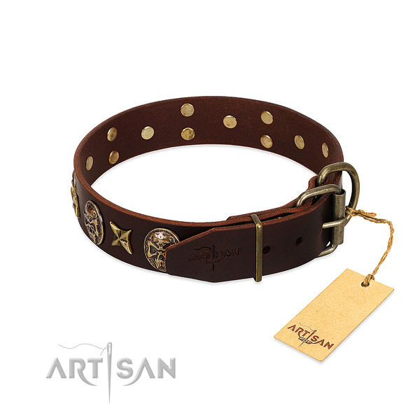 Full grain natural leather dog collar with rust resistant buckle and decorations