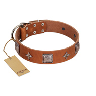 "Lucky Star" FDT Artisan Tan Leather Sharpei Collar with Silver-Like Embellishments  "Lucky Star" FDT Artisan Tan Leather Sharpei Collar with Silver-Like Embellishments
